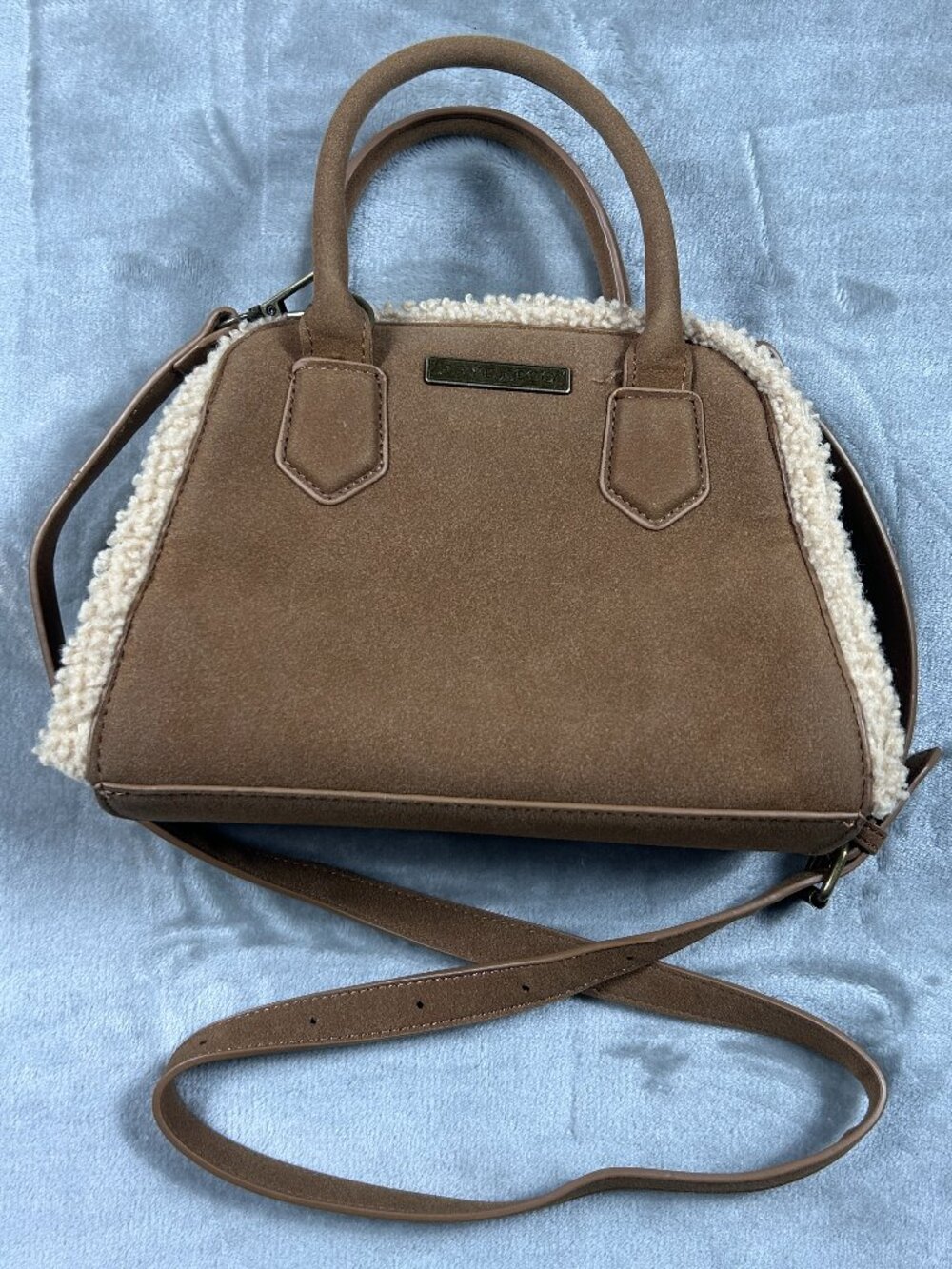 Frye and Co. Brown Cream Faux Suede Shearling Satchel Purse Boho Western Rustic